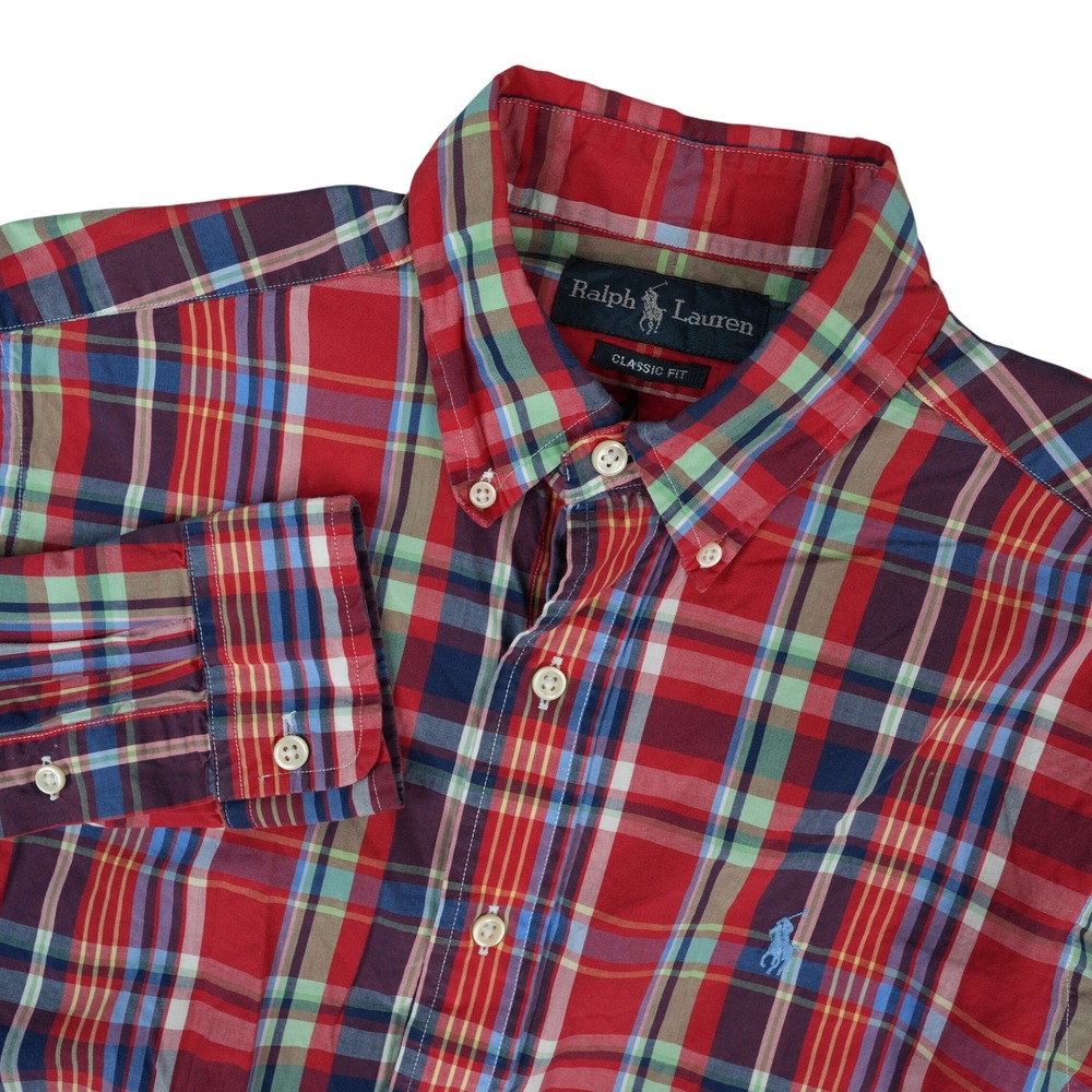 Ralph Lauren Button Down Shirt Men S Red Plaid Classic Fit Cotton Long Sleeve